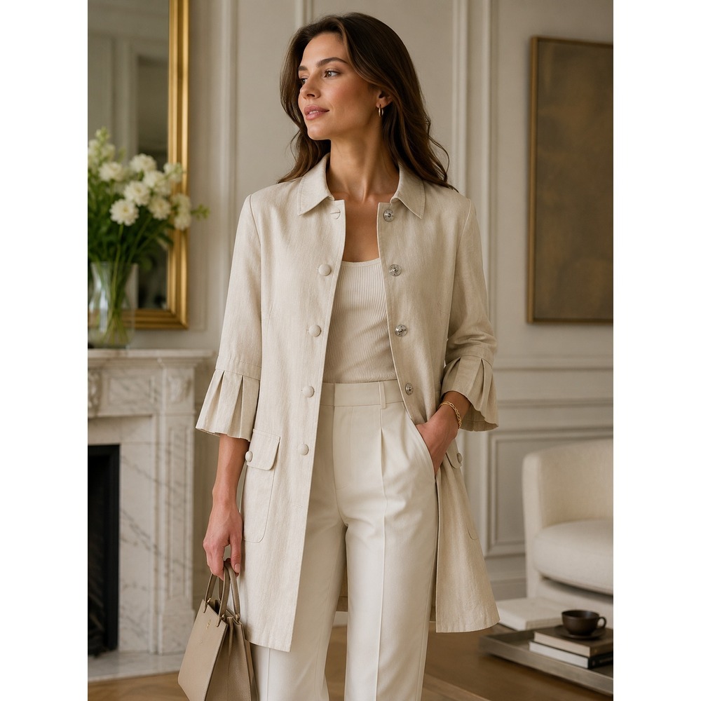 ROBERT RODRIGUEZ Ivory Cotton-Linen Long Jacket Coat Size 4 Pleated Bell Sleeves